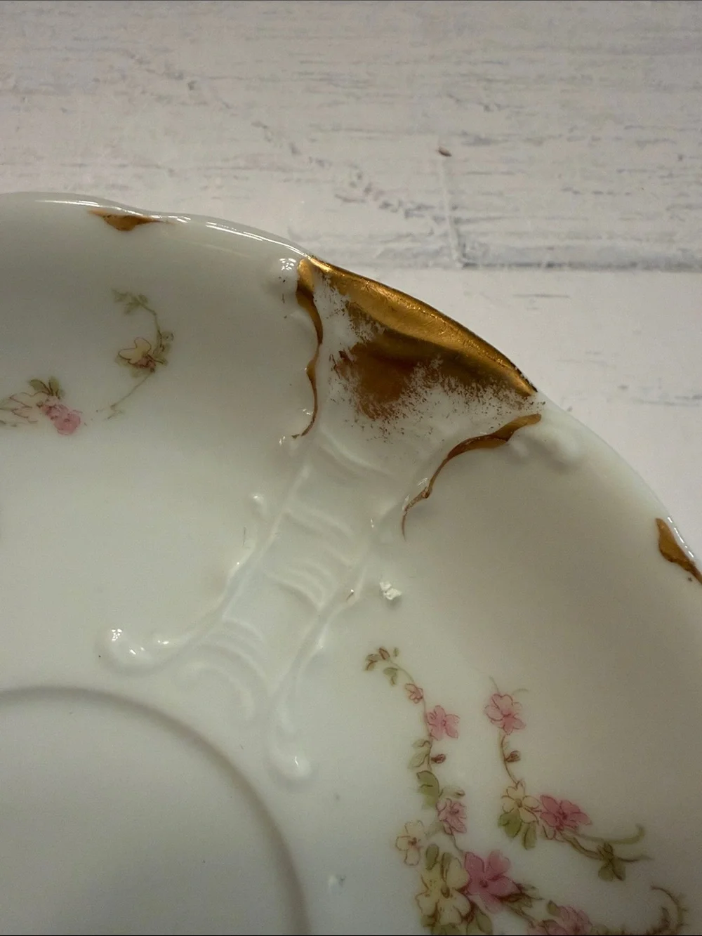 Haviland White Porcelain Saucer Pair with Pink Floral and Gold Accents